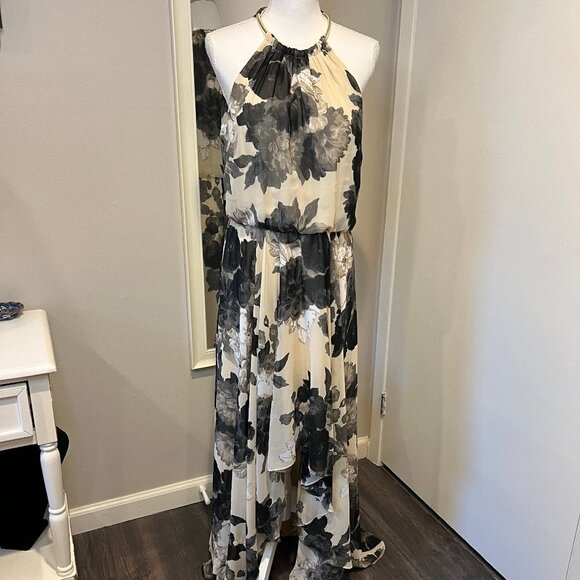 Eliza J Black/taupe Floral Print Hi-Low Chiffon Maxi dress, Size 14